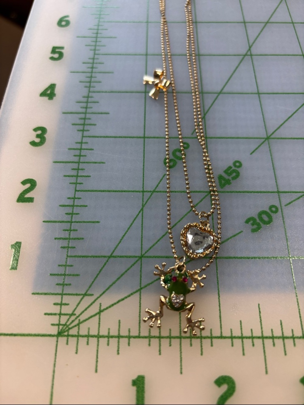 Gold-Tone Frog Pendant Necklace with Green Enamel and Clear Crystal Heart